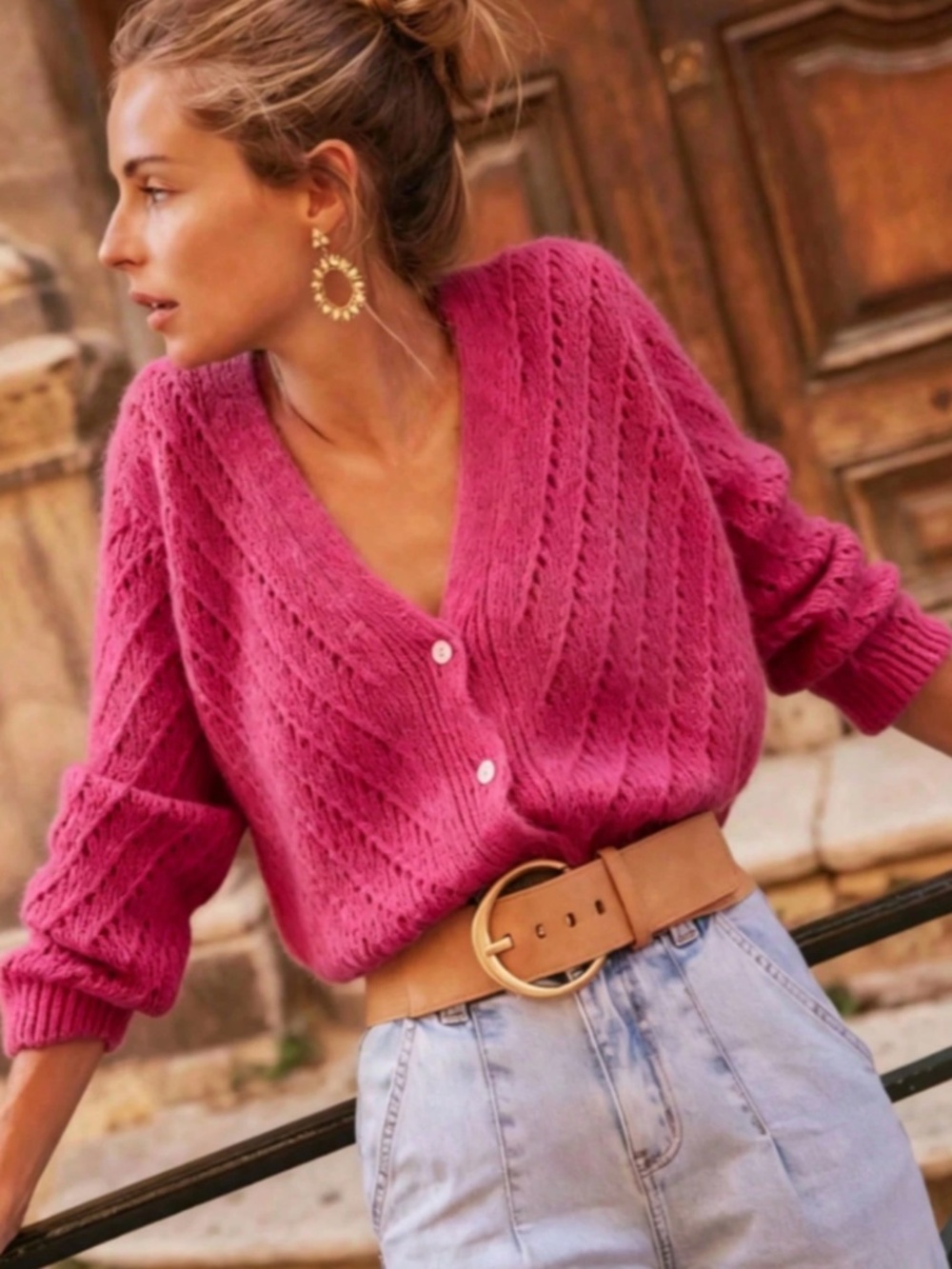 V-Cut Buttoned Down Pink Knit Cardigan Textured, Long Sleeve